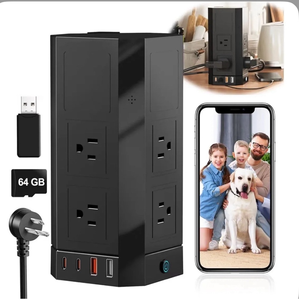 Smart Black Tower Power Strip with USB Ports with WiFi Camera